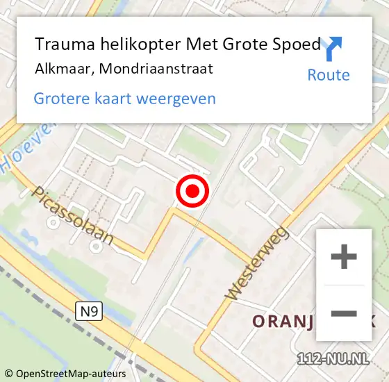 Locatie op kaart van de 112 melding: Trauma helikopter Met Grote Spoed Naar Alkmaar, Mondriaanstraat op 25 juli 2022 21:39