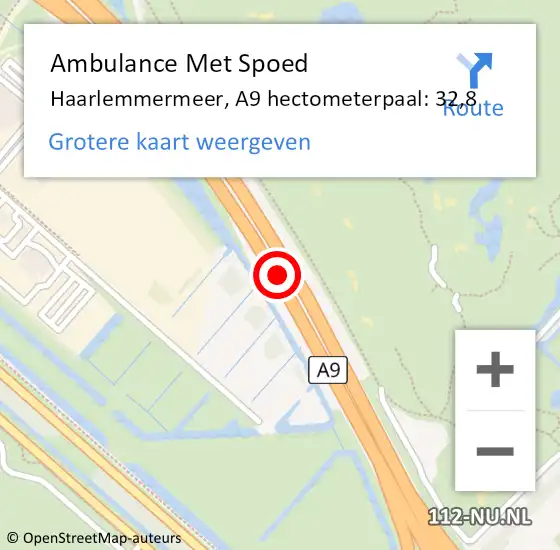 Locatie op kaart van de 112 melding: Ambulance Met Spoed Naar Haarlemmermeer, A9 hectometerpaal: 32,8 op 25 juli 2022 22:52