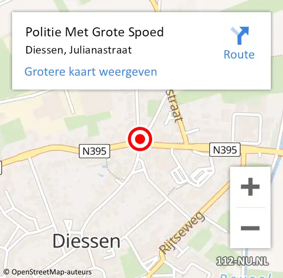 Locatie op kaart van de 112 melding: Politie Met Grote Spoed Naar Diessen, Julianastraat op 26 juli 2022 12:42