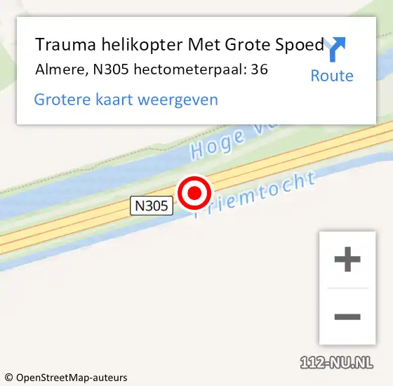 Locatie op kaart van de 112 melding: Trauma helikopter Met Grote Spoed Naar Almere, N305 hectometerpaal: 36 op 26 juli 2022 13:12
