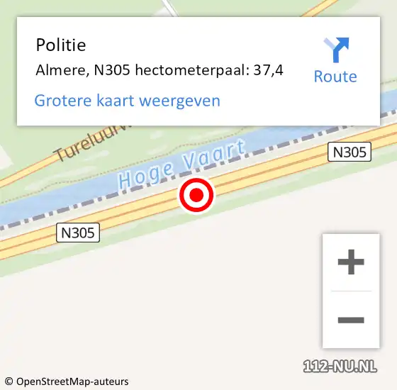 Locatie op kaart van de 112 melding: Politie Almere, N305 hectometerpaal: 37,4 op 26 juli 2022 13:15