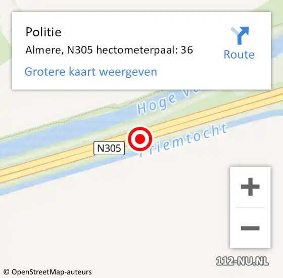 Locatie op kaart van de 112 melding: Politie Almere, N305 hectometerpaal: 36 op 26 juli 2022 13:17