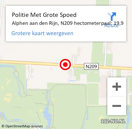 Locatie op kaart van de 112 melding: Politie Met Grote Spoed Naar Alphen aan den Rijn, N209 hectometerpaal: 19,9 op 26 juli 2022 14:54