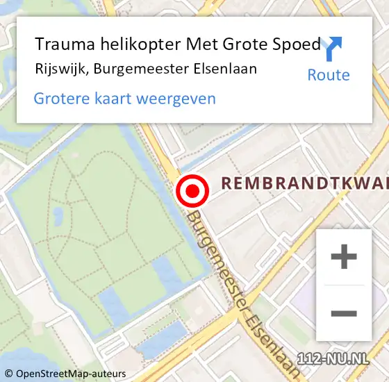 Locatie op kaart van de 112 melding: Trauma helikopter Met Grote Spoed Naar Rijswijk, Burgemeester Elsenlaan op 26 juli 2022 15:42