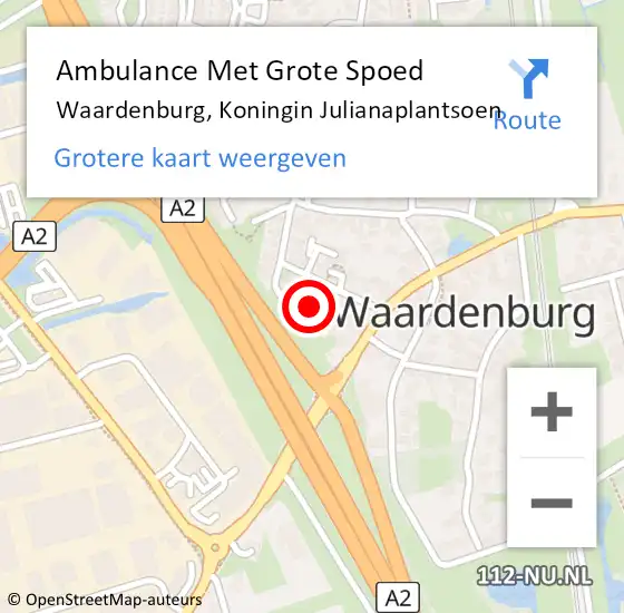 Locatie op kaart van de 112 melding: Ambulance Met Grote Spoed Naar Waardenburg, Koningin Julianaplantsoen op 26 juli 2022 17:50