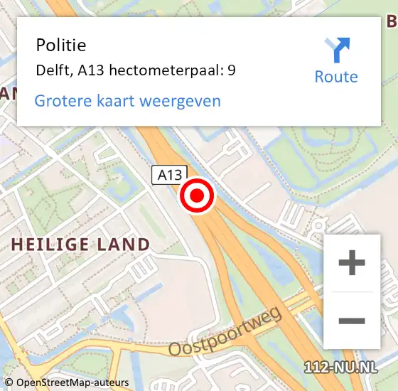 Locatie op kaart van de 112 melding: Politie Delft, A13 hectometerpaal: 9 op 26 juli 2022 18:07