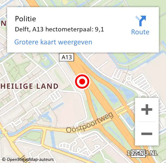 Locatie op kaart van de 112 melding: Politie Delft, A13 hectometerpaal: 9,1 op 26 juli 2022 18:17