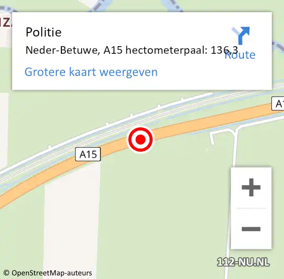 Locatie op kaart van de 112 melding: Politie Neder-Betuwe, A15 hectometerpaal: 136,3 op 26 juli 2022 23:18