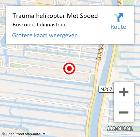 Locatie op kaart van de 112 melding: Trauma helikopter Met Spoed Naar Boskoop, Julianastraat op 27 juli 2022 00:59