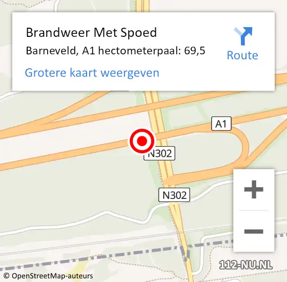 Locatie op kaart van de 112 melding: Brandweer Met Spoed Naar Barneveld, A1 hectometerpaal: 69,5 op 27 juli 2022 05:08