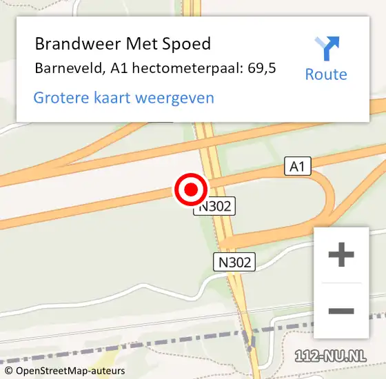 Locatie op kaart van de 112 melding: Brandweer Met Spoed Naar Barneveld, A1 hectometerpaal: 69,5 op 27 juli 2022 05:09