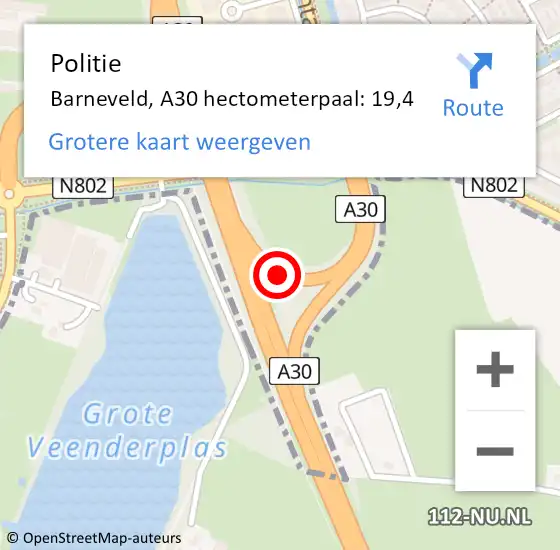 Locatie op kaart van de 112 melding: Politie Barneveld, A30 hectometerpaal: 19,4 op 27 juli 2022 05:30