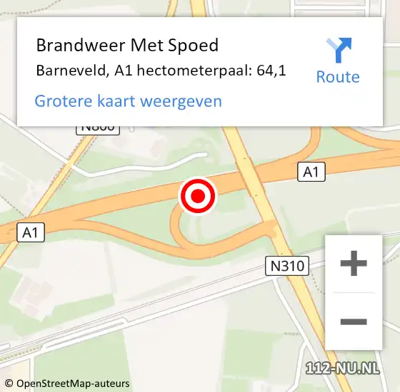 Locatie op kaart van de 112 melding: Brandweer Met Spoed Naar Barneveld, A1 hectometerpaal: 64,1 op 27 juli 2022 05:57