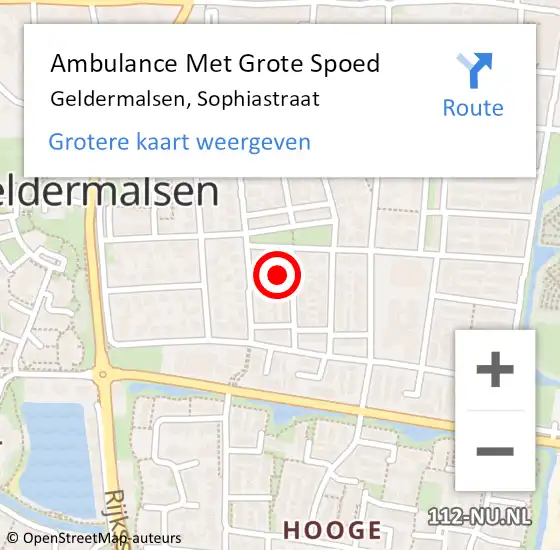 Locatie op kaart van de 112 melding: Ambulance Met Grote Spoed Naar Geldermalsen, Sophiastraat op 27 juli 2022 06:08