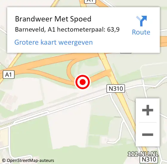 Locatie op kaart van de 112 melding: Brandweer Met Spoed Naar Barneveld, A1 hectometerpaal: 63,9 op 27 juli 2022 06:28