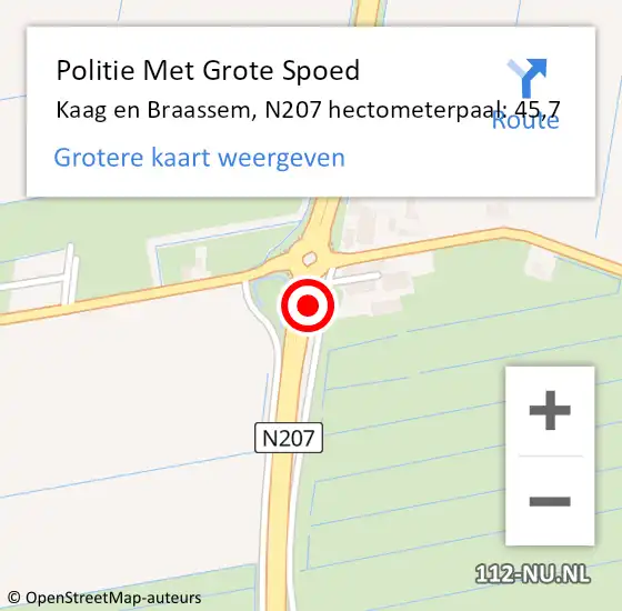 Locatie op kaart van de 112 melding: Politie Met Grote Spoed Naar Kaag en Braassem, N207 hectometerpaal: 45,7 op 27 juli 2022 08:30