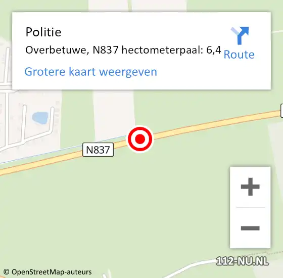 Locatie op kaart van de 112 melding: Politie Overbetuwe, N837 hectometerpaal: 6,4 op 27 juli 2022 08:48