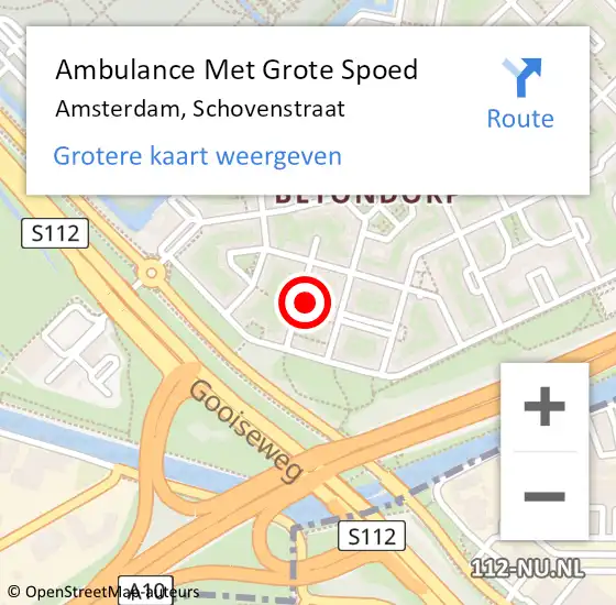 Locatie op kaart van de 112 melding: Ambulance Met Grote Spoed Naar Amsterdam, Schovenstraat op 27 juli 2022 09:24