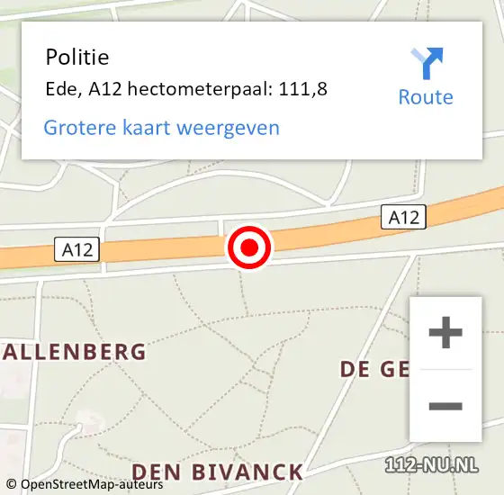 Locatie op kaart van de 112 melding: Politie Ede, A12 hectometerpaal: 111,8 op 27 juli 2022 09:47