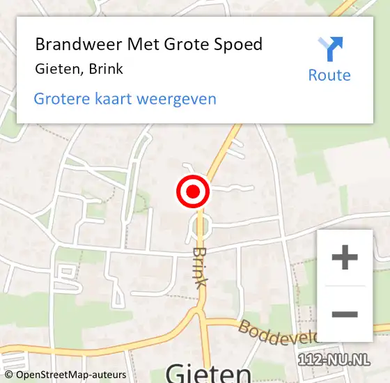 Locatie op kaart van de 112 melding: Brandweer Met Grote Spoed Naar Gieten, Brink op 27 juli 2022 11:01