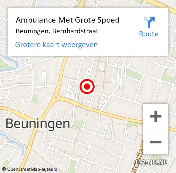 Locatie op kaart van de 112 melding: Ambulance Met Grote Spoed Naar Beuningen, Bernhardstraat op 27 juli 2022 12:24