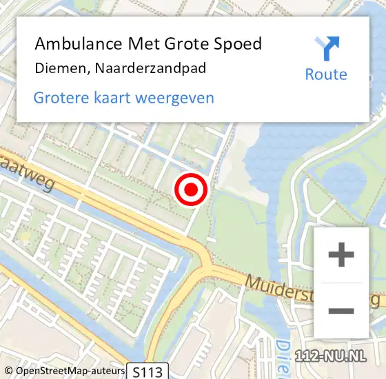 Locatie op kaart van de 112 melding: Ambulance Met Grote Spoed Naar Diemen, Naarderzandpad op 27 juli 2022 13:20