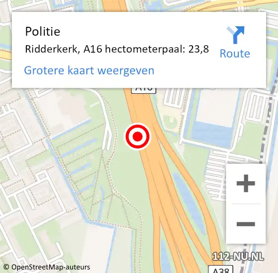 Locatie op kaart van de 112 melding: Politie Tynaarlo, A16 hectometerpaal: 23,8 op 27 juli 2022 14:45