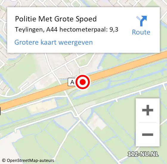 Locatie op kaart van de 112 melding: Politie Met Grote Spoed Naar Teylingen, A44 hectometerpaal: 9,3 op 27 juli 2022 15:21