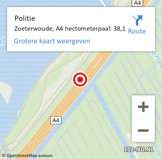 Locatie op kaart van de 112 melding: Politie Zoeterwoude, A4 hectometerpaal: 38,1 op 27 juli 2022 17:01