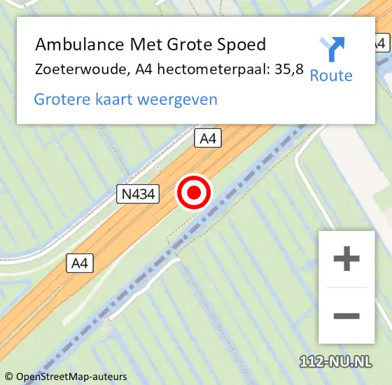 Locatie op kaart van de 112 melding: Ambulance Met Grote Spoed Naar Zoeterwoude, A4 hectometerpaal: 35,8 op 27 juli 2022 17:30