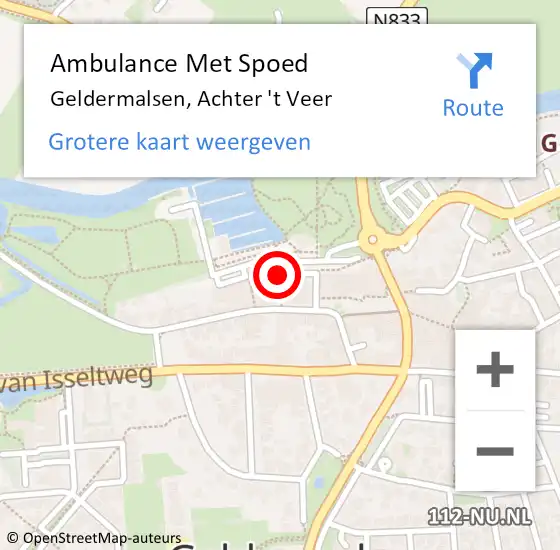 Locatie op kaart van de 112 melding: Ambulance Met Spoed Naar Geldermalsen, Achter 't Veer op 27 juli 2022 18:23