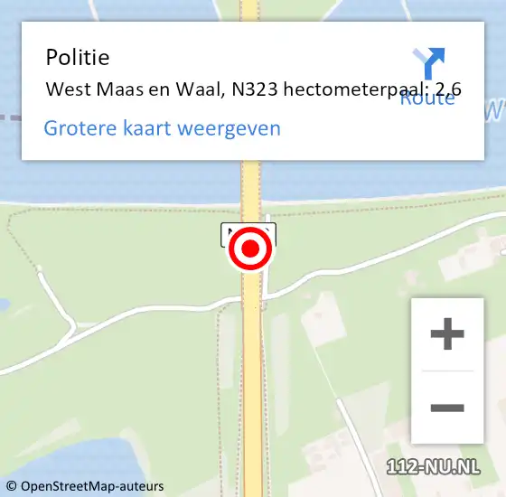 Locatie op kaart van de 112 melding: Politie West Maas en Waal, N323 hectometerpaal: 2,6 op 27 juli 2022 18:52