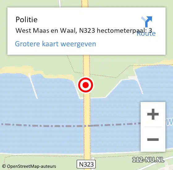 Locatie op kaart van de 112 melding: Politie West Maas en Waal, N323 hectometerpaal: 3 op 27 juli 2022 18:52