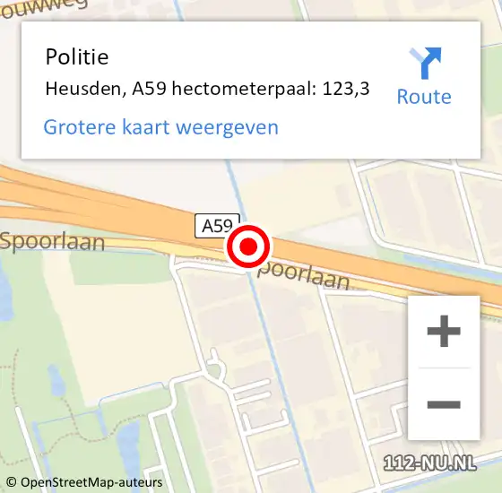 Locatie op kaart van de 112 melding: Politie Heusden, A59 hectometerpaal: 123,3 op 27 juli 2022 19:02