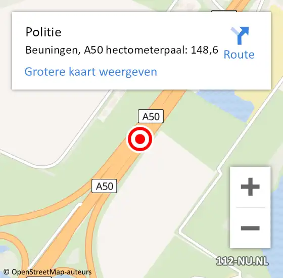 Locatie op kaart van de 112 melding: Politie Beuningen, A50 hectometerpaal: 148,6 op 27 juli 2022 19:51