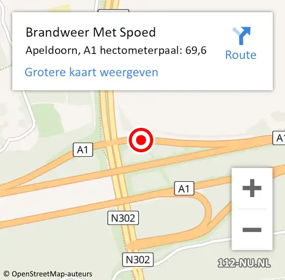 Locatie op kaart van de 112 melding: Brandweer Met Spoed Naar Apeldoorn, A1 hectometerpaal: 69,6 op 27 juli 2022 20:06