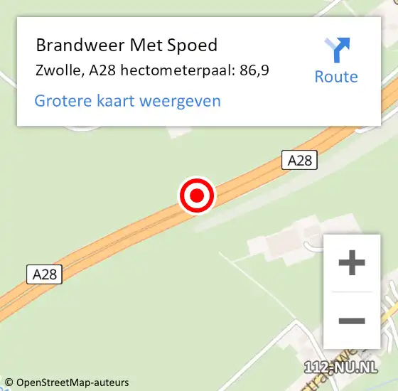 Locatie op kaart van de 112 melding: Brandweer Met Spoed Naar Zwolle, A28 hectometerpaal: 86,9 op 27 juli 2022 20:40
