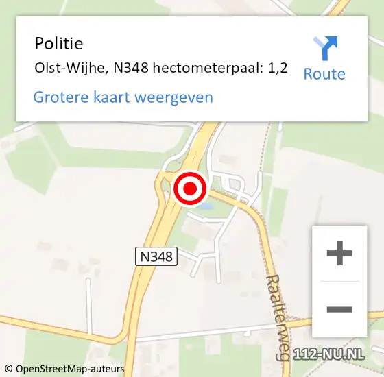 Locatie op kaart van de 112 melding: Politie Olst-Wijhe, N348 hectometerpaal: 1,2 op 27 juli 2022 20:43