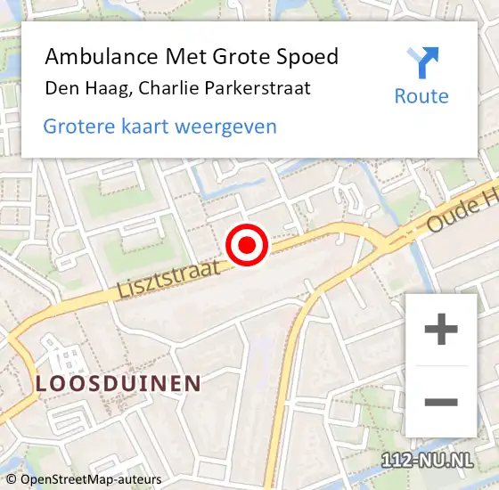 Locatie op kaart van de 112 melding: Ambulance Met Grote Spoed Naar Den Haag, Charlie Parkerstraat op 27 juli 2022 21:24