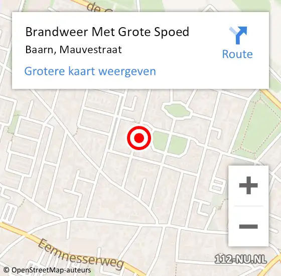 Locatie op kaart van de 112 melding: Brandweer Met Grote Spoed Naar Baarn, Mauvestraat op 27 juli 2022 21:25