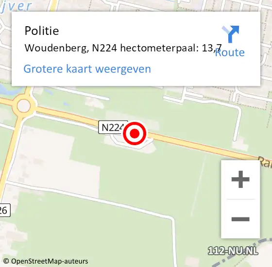 Locatie op kaart van de 112 melding: Politie Woudenberg, N224 hectometerpaal: 13,7 op 27 juli 2022 21:36