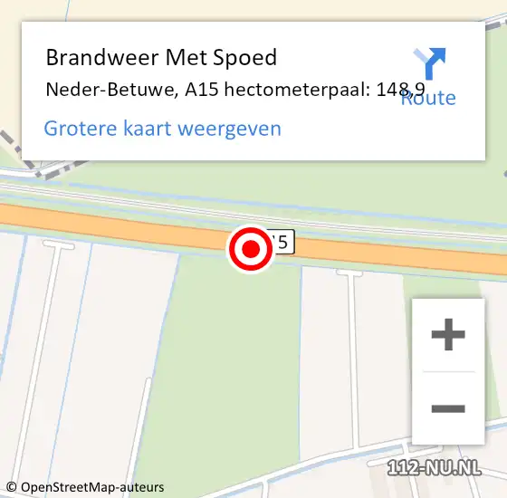 Locatie op kaart van de 112 melding: Brandweer Met Spoed Naar Neder-Betuwe, A15 hectometerpaal: 148,9 op 27 juli 2022 21:53