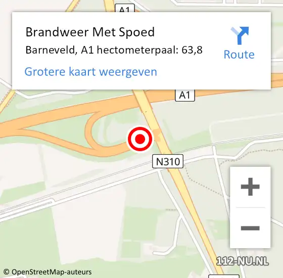 Locatie op kaart van de 112 melding: Brandweer Met Spoed Naar Barneveld, A1 hectometerpaal: 63,8 op 27 juli 2022 22:53