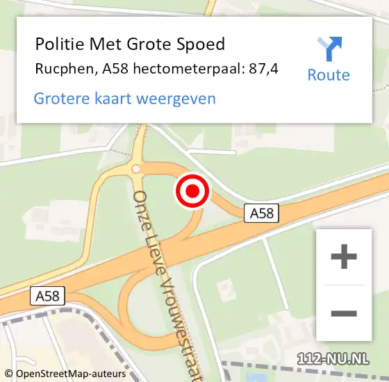 Locatie op kaart van de 112 melding: Politie Met Grote Spoed Naar Rucphen, A58 hectometerpaal: 87,4 op 28 juli 2022 00:03