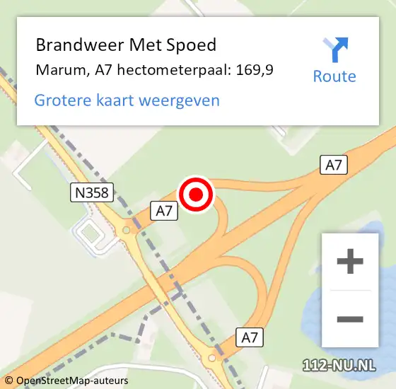 Locatie op kaart van de 112 melding: Brandweer Met Spoed Naar Marum, A7 hectometerpaal: 169,9 op 28 juli 2022 05:37