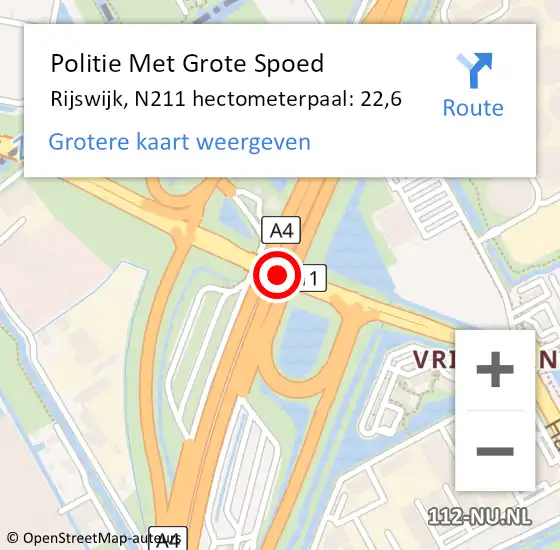 Locatie op kaart van de 112 melding: Politie Met Grote Spoed Naar Rijswijk, N211 hectometerpaal: 22,6 op 28 juli 2022 07:31
