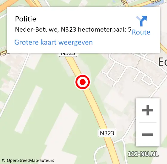 Locatie op kaart van de 112 melding: Politie Neder-Betuwe, N323 hectometerpaal: 5 op 28 juli 2022 08:33