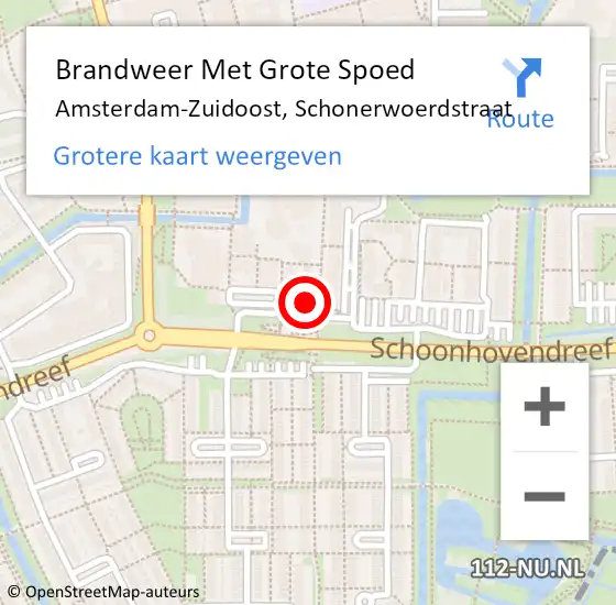 Locatie op kaart van de 112 melding: Brandweer Met Grote Spoed Naar Amsterdam-Zuidoost, Schonerwoerdstraat op 28 juli 2022 09:23