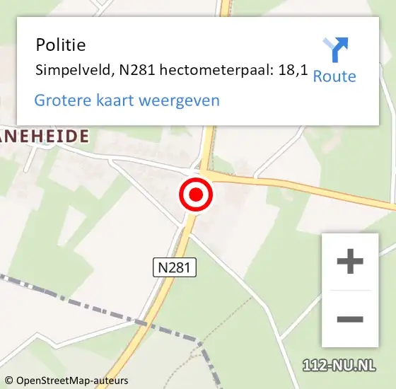 Locatie op kaart van de 112 melding: Politie Simpelveld, N281 hectometerpaal: 18,1 op 28 juli 2022 09:40