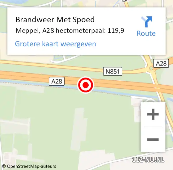 Locatie op kaart van de 112 melding: Brandweer Met Spoed Naar Meppel, A28 hectometerpaal: 119,9 op 28 juli 2022 10:48